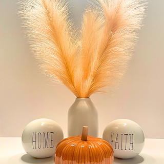 ceramic vase displaying orange pompas plumes and arranged with 1 mini orange ceramic pumpkin and 2 ceramic inspirational spheres. 